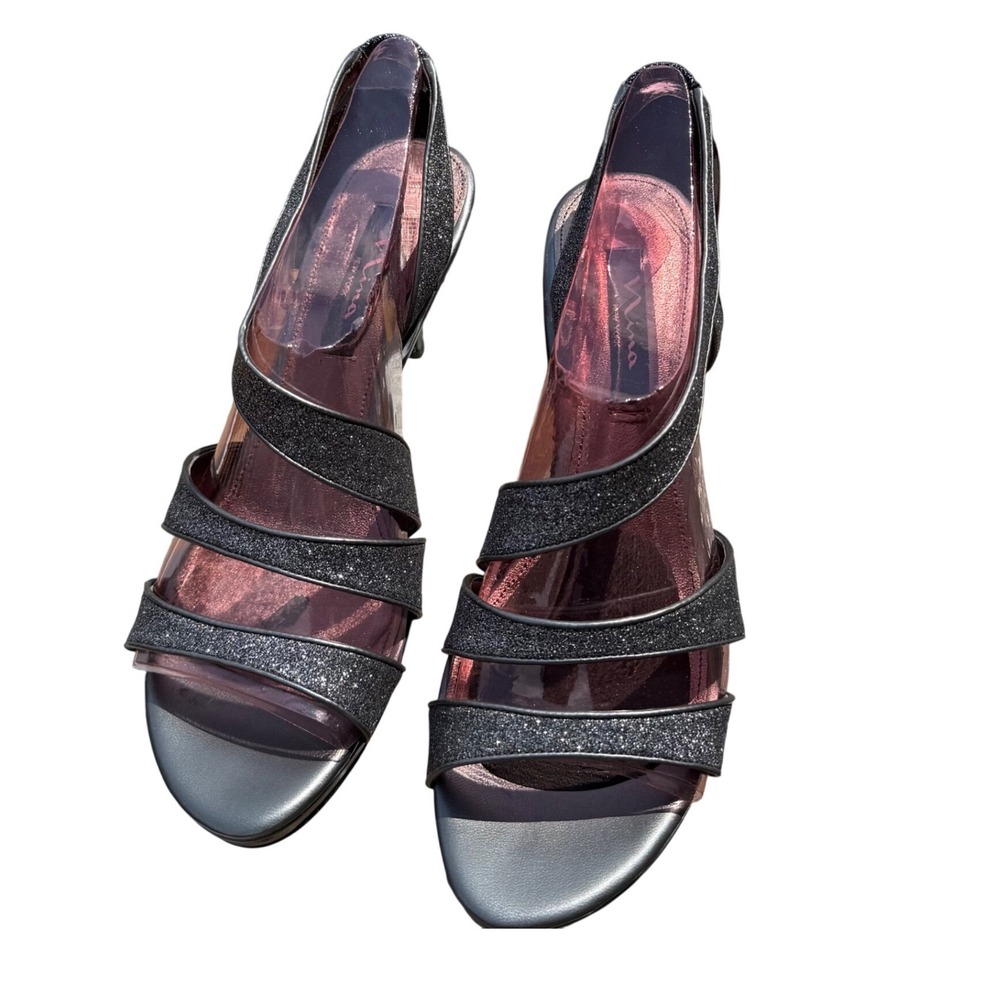 Nina Nolga-YG Heeled Sandals Women 9‎ Pewter Excellent Glitter Strappy Slingback